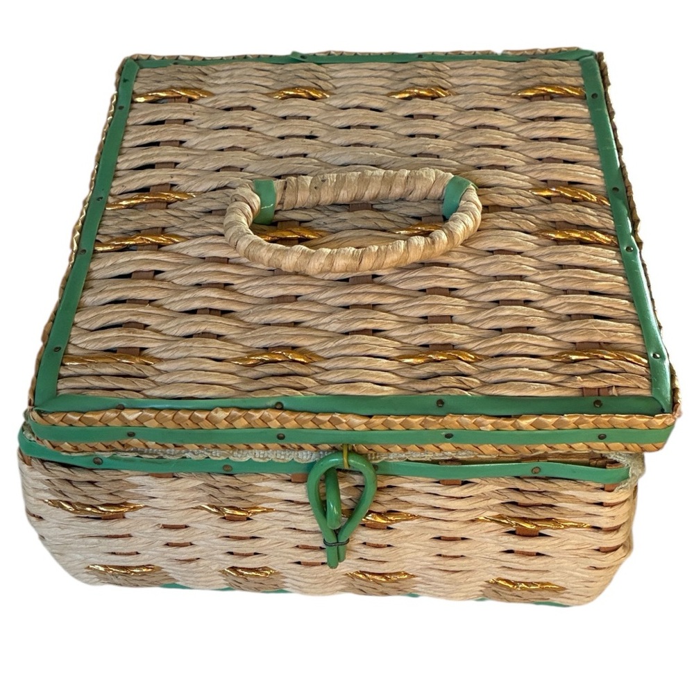 Japanese Woven Sewing Basket Green Accents Gold Woven Accents Green Satin Liner